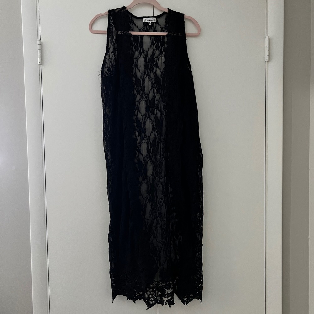 POOF NEW YORK Black Lace Duster Kimono‎ Cardigan Sleeveless Open Front M